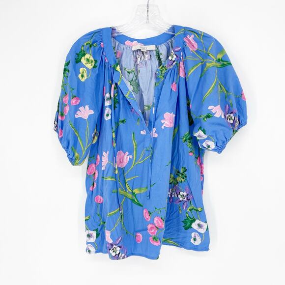 Loft Puff Sleeve Split Neck Floral Top Size Medium - Picture 1 of 7